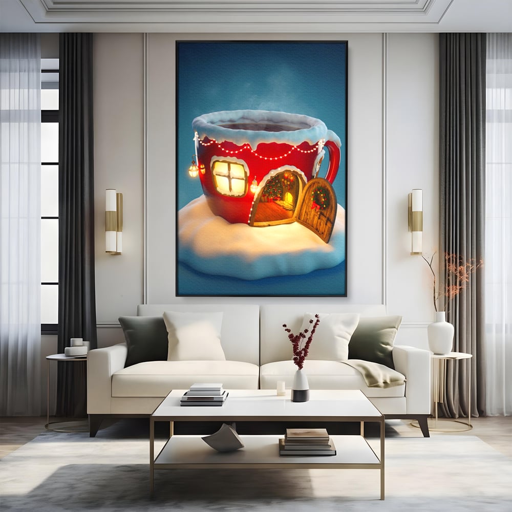 Tablou canvas cu ilustratie cana rosie cu casa de craciun, in rama de aluminiu negru, pe perete intr-un living